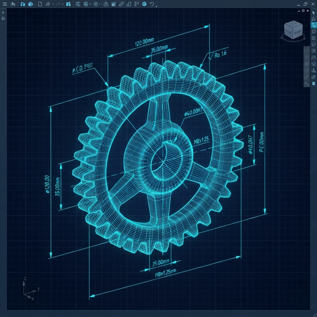 Modelo CAD alámbrico de la pieza en 3D